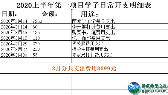 果敢希望之星第一项目3月14日至30日费用支出（含学杂费）